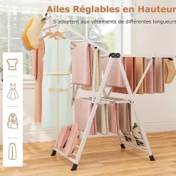 Etendoir À Linge|Giantex Séchoir à Linge Pliante, avec Ailes Latérales Hauteur, 16 Barres, 28 Pinces Latérales et 4 Crochets, Vêtements (1,4 M,Blanc)