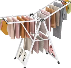 Etendoir À Linge|Giantex Séchoir à Linge Pliante, avec Ailes Latérales Hauteur, 16 Barres, 28 Pinces Latérales et 4 Crochets, Vêtements (1,4 M,Blanc)