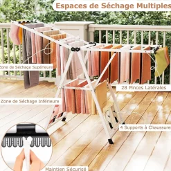 Etendoir À Linge|Giantex Séchoir à Linge Pliante, avec Ailes Latérales Hauteur Réglable, 18 Barres, Chaussures, Vêtements (1,6 M,Blanc)
