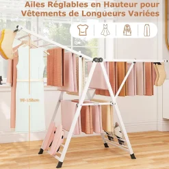 Etendoir À Linge|Giantex Séchoir à Linge Pliante, avec Ailes Latérales Hauteur Réglable, 18 Barres, Chaussures, Vêtements (1,6 M,Blanc)