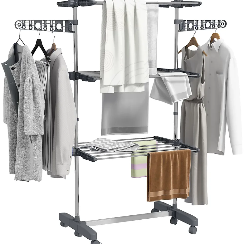 Homcom Séchoir à linge étendoir pliable ailes latérales 3 niveaux acier inox PP gris