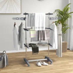 Homcom Séchoir à linge étendoir pliable ailes latérales 3 niveaux acier inox PP gris