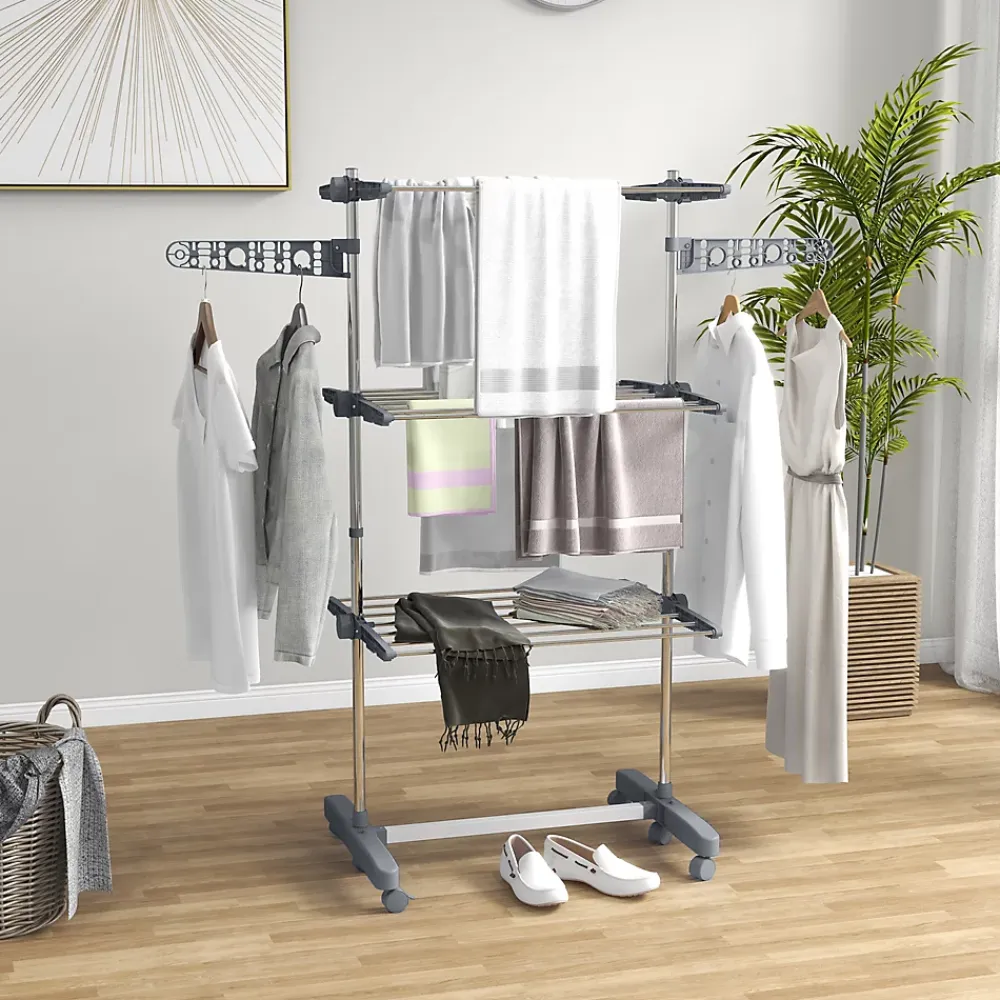 Homcom Séchoir à linge étendoir pliable ailes latérales 3 niveaux acier inox PP gris