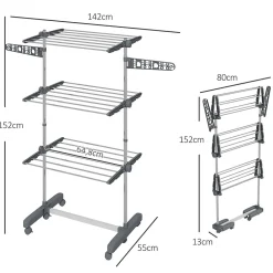 Homcom Séchoir à linge étendoir pliable ailes latérales 3 niveaux acier inox PP gris