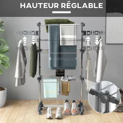 Homcom Séchoir à linge étendoir pliable ailes latérales 3 niveaux acier inox PP gris