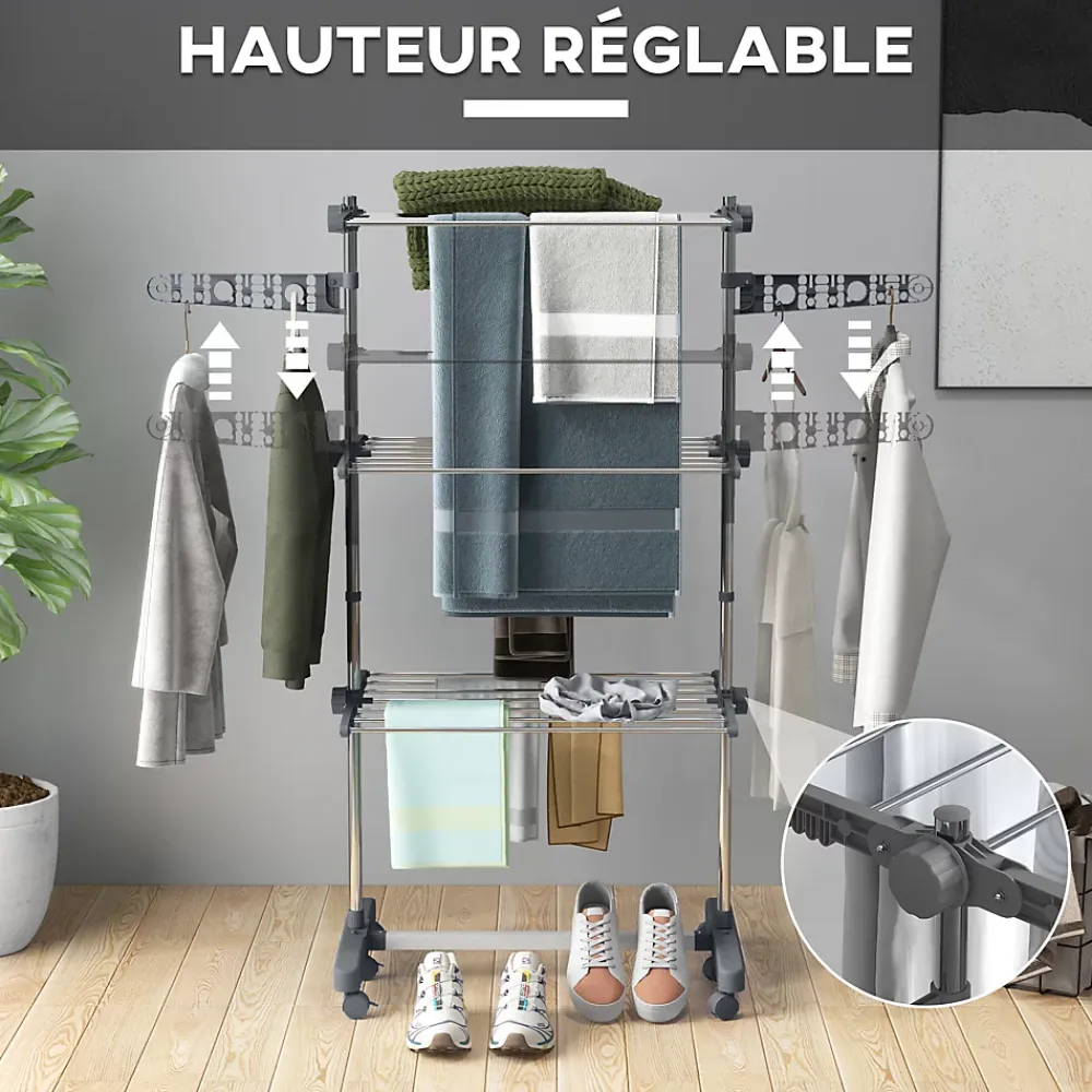 Homcom Séchoir à linge étendoir pliable ailes latérales 3 niveaux acier inox PP gris