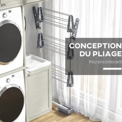 Homcom Séchoir à linge étendoir pliable ailes latérales 3 niveaux acier inox PP gris