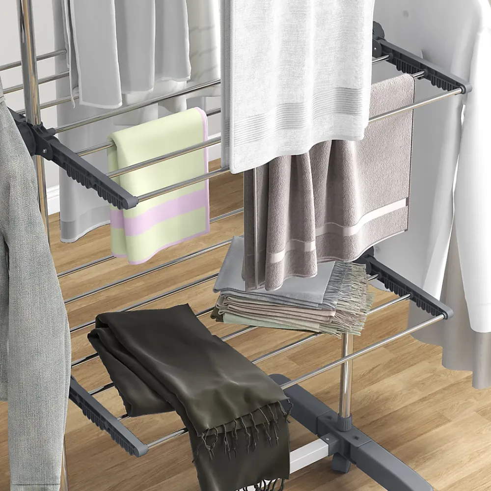 Homcom Séchoir à linge étendoir pliable ailes latérales 3 niveaux acier inox PP gris