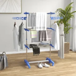 Homcom Séchoir à linge étendoir pliable ailes latérales 3 niveaux acier inox PP bleu