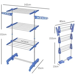 Homcom Séchoir à linge étendoir pliable ailes latérales 3 niveaux acier inox PP bleu