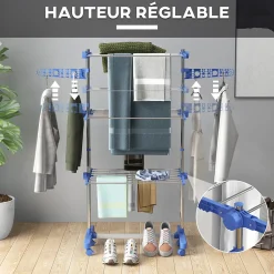 Homcom Séchoir à linge étendoir pliable ailes latérales 3 niveaux acier inox PP bleu