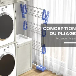 Homcom Séchoir à linge étendoir pliable ailes latérales 3 niveaux acier inox PP bleu