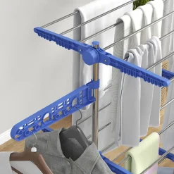 Homcom Séchoir à linge étendoir pliable ailes latérales 3 niveaux acier inox PP bleu