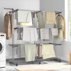 IDMarket Séchoir à linge vertical pliable et extensible 3 niveaux MAXI capacité 40M inox et gris