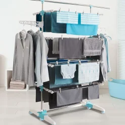 IDMarket Séchoir à linge vertical pliable 4 niveaux OPTIMUM capacité 30M avec tringle télescopique blanc et bleu