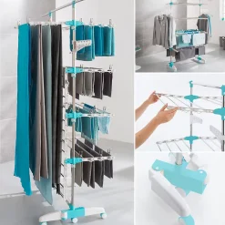 IDMarket Séchoir à linge vertical pliable 4 niveaux OPTIMUM capacité 30M avec tringle télescopique blanc et bleu