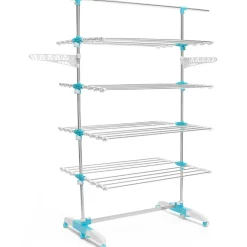 IDMarket Séchoir à linge vertical pliable 4 niveaux OPTIMUM capacité 30M avec tringle télescopique blanc et bleu