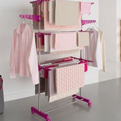 IDMarket Séchoir à linge vertical pliable 3 niveaux MAXIMA capacité 20M inox et rose