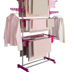 IDMarket Séchoir à linge vertical pliable 3 niveaux MAXIMA capacité 20M inox et rose