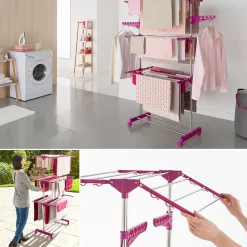IDMarket Séchoir à linge vertical pliable 3 niveaux MAXIMA capacité 20M inox et rose