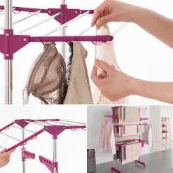 IDMarket Séchoir à linge vertical pliable 3 niveaux MAXIMA capacité 20M inox et rose