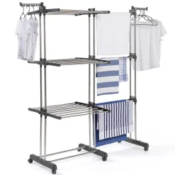 Etendoir À Linge|IDMarket Séchoir à linge vertical pliable et extensible 3 niveaux GIGA capacité 27M avec cintres et pinces inox et gris