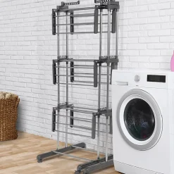 Etendoir À Linge|IDMarket Séchoir à linge vertical pliable et extensible 3 niveaux GIGA capacité 27M avec cintres et pinces inox et gris
