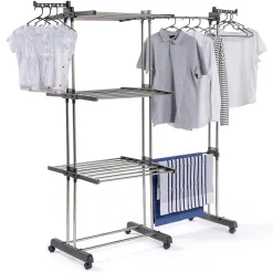 Etendoir À Linge|IDMarket Séchoir à linge vertical pliable et extensible 3 niveaux GIGA capacité 27M avec cintres et pinces inox et gris