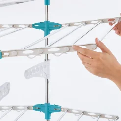 IDMarket Séchoir à linge vertical pliable 3 niveaux OPTIMUM capacité 30M avec tringle télescopique cintres et pinces blanc et bleu
