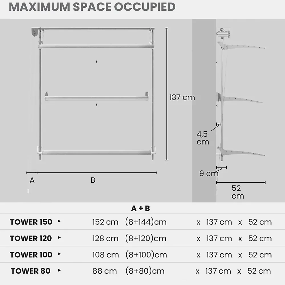 Foxydry Séchoir mural 3 grilles pliables 152x52x137 cm alu Tower 150