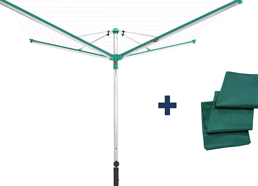 Leifheit Séchoir parapluie extérieur avec housse et douille de fixation, 60 m d'étendage, vert et gris, Linomatic Deluxe Cover 600