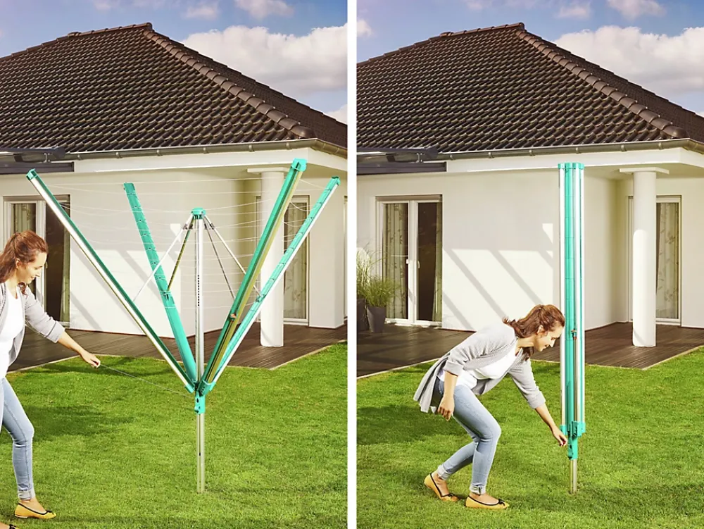 Leifheit Séchoir parapluie extérieur avec housse et douille de fixation, 60 m d'étendage, vert et gris, Linomatic Deluxe Cover 600
