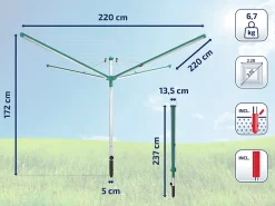 Leifheit Séchoir parapluie extérieur avec housse et douille de fixation, 60 m d'étendage, vert et gris, Linomatic Deluxe Cover 600
