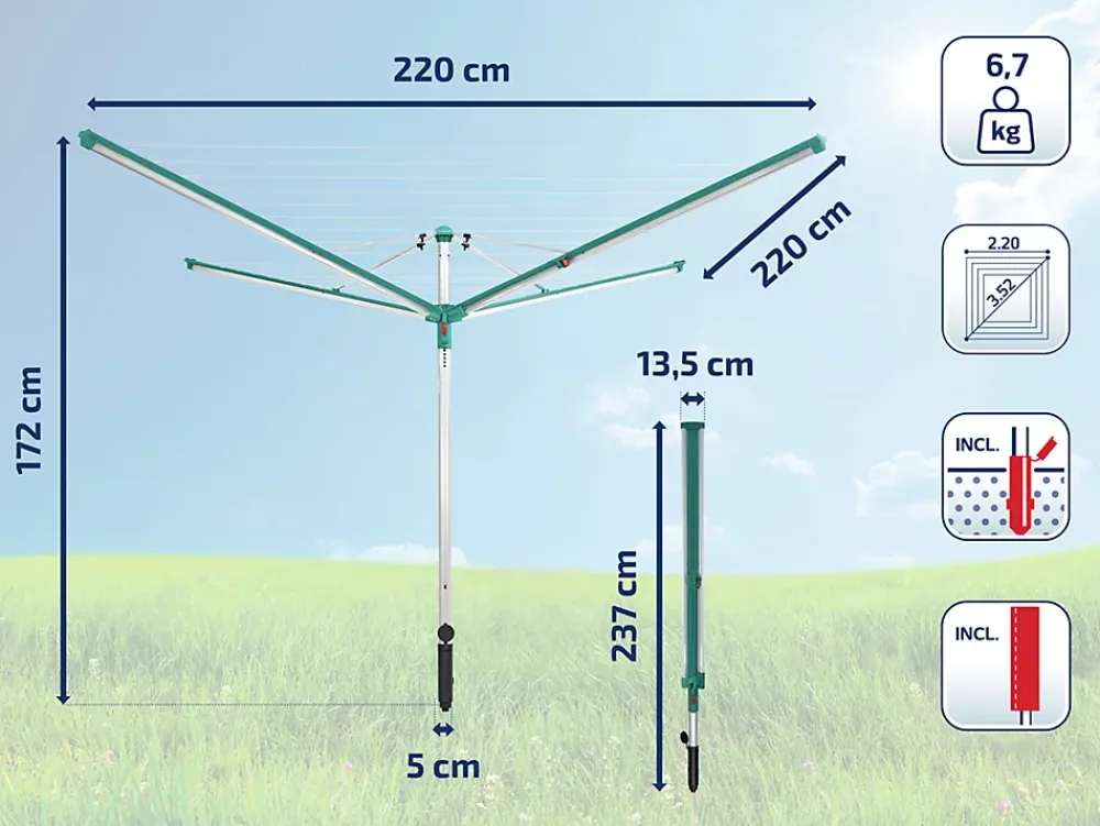 Leifheit Séchoir parapluie extérieur avec housse et douille de fixation, 60 m d'étendage, vert et gris, Linomatic Deluxe Cover 600