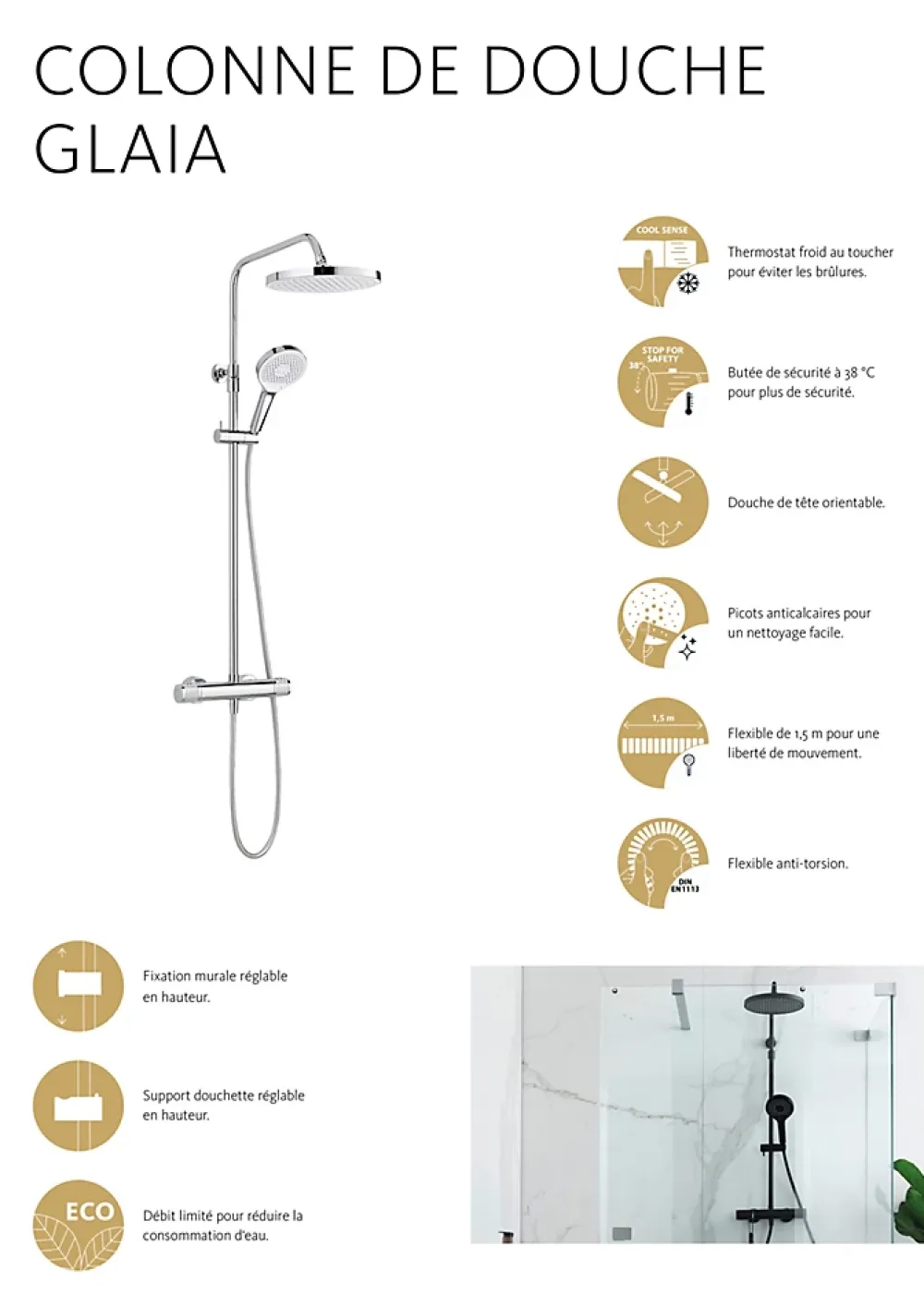 Schulte colonne de douche - mitigeur thermostatique - robinetterie avec douche de tête effet pluie - douchette 3 jets - chromé