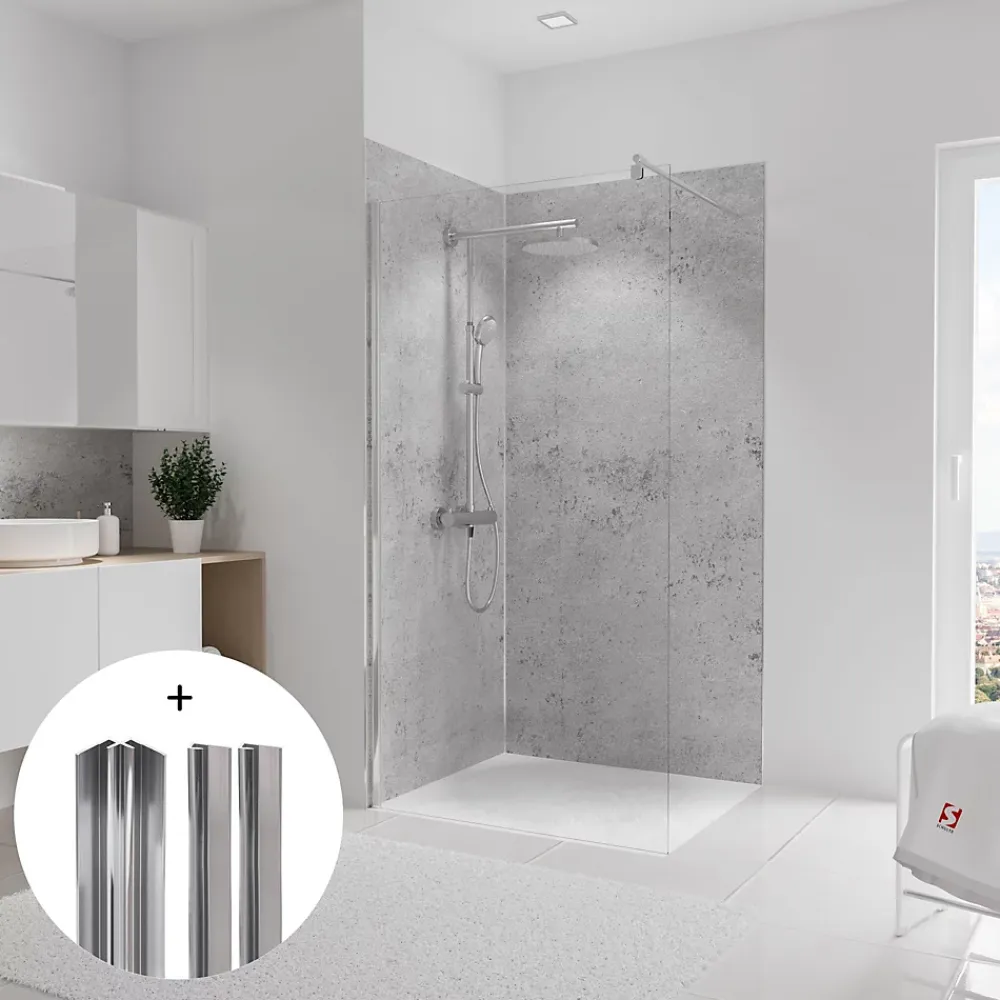 Schulte pack de 2 panneaux muraux 100x210cm+3 profilés alu - revêtement - DécoDesign DÉCOR pierre gris-clair