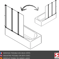 Pare-Baignoire|Schulte Pare-baignoire 124x130 cm - Réversible - Paroi rabattable - Verre 5 mm - 3 Volets pivotants - Profil Blanc
