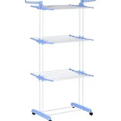 Etendoir À Linge|Homcom Sechoir à linge étendoir pliable 3 niveaux 2 ailes latérales à cintres acier blanc PP bleu