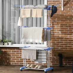 Etendoir À Linge|Homcom Sechoir à linge étendoir pliable 3 niveaux 2 ailes latérales à cintres acier blanc PP bleu