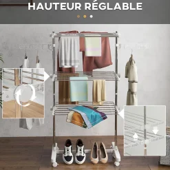 Homcom Sechoir à linge étendoir pliable ailes latérales sur 3 niveaux