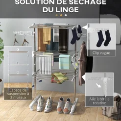 Homcom Sechoir à linge étendoir pliable ailes latérales sur 3 niveaux