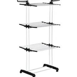 Etendoir À Linge|Homcom Sechoir à linge étendoir pliable 3 niveaux 2 ailes latérales à cintres acier blanc PP noir