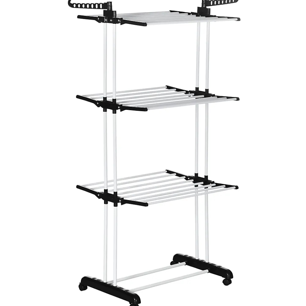 Etendoir À Linge|Homcom Sechoir à linge étendoir pliable 3 niveaux 2 ailes latérales à cintres acier blanc PP noir