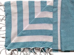 Serviette De Bain|Dylrev Serviette de Plage Fouta Rayée avec Franges - Lot de 4 - Dimensions 90x180cm - Couleur Bleue