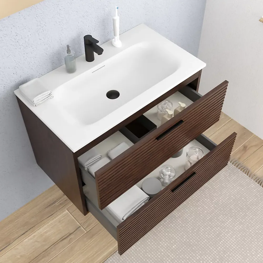 Ceramia Set complet 80 cm : vasque blanc mat + meuble couleur chêne (-4DW80-V)