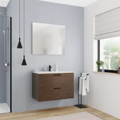 Ceramia Set complet 80 cm : vasque blanc mat + meuble couleur chêne (-4DW80-V)