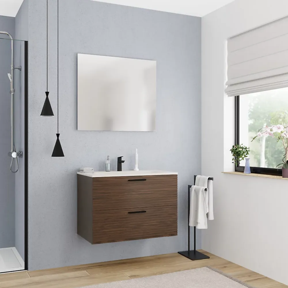 Ceramia Set complet 80 cm : vasque blanc mat + meuble couleur chêne (-4DW80-V)