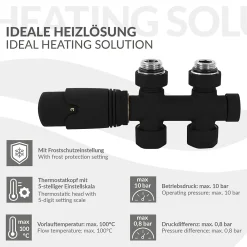 Sèche-Serviettes Eau Chaude|Luxebath Set vanne thermostatique passage noir pour radiateur de salle de bain à raccord central