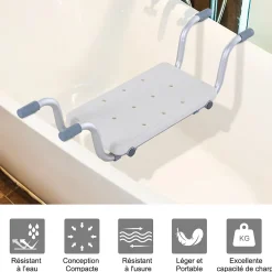 Homcom Siège de baignoire - siège de bain suspendu réglable - tabouret de salle de bain - dim. 71-81L x 22l x 18H cm - alu. HDPE blanc