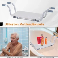Homcom Siège de baignoire - siège de bain suspendu réglable - tabouret de salle de bain - dim. 71-81L x 22l x 18H cm - alu. HDPE blanc